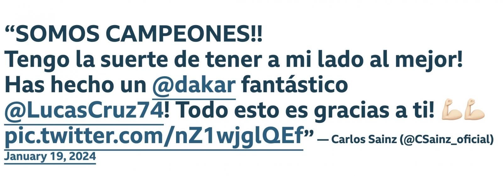 Tweet Carlos Sainz per la vittoria del Rally Dakar 2024