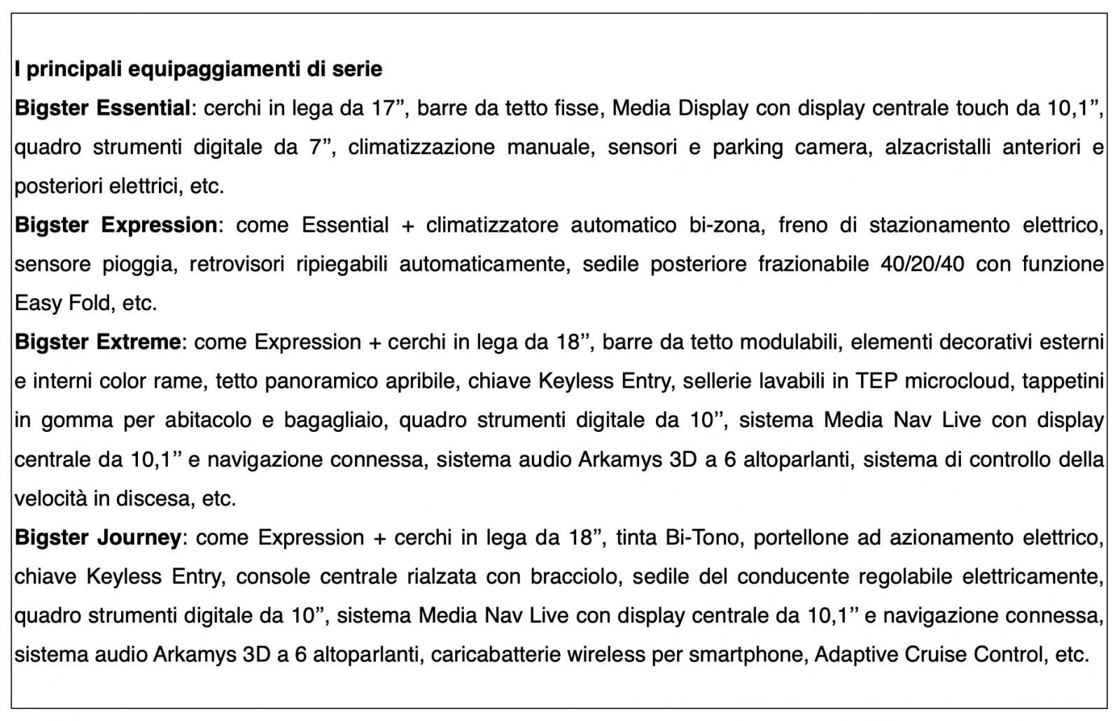 dotazioni Dacia Bigster