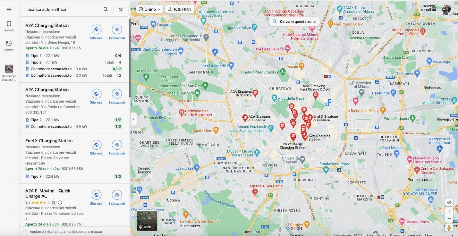 Google Maps: ricerca  colonnine ricarica auto elettrica